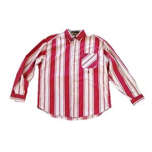 VTG Tommy Hilfiger Button Down Shirt Men's Lg Maroon Red Tan Stripes Crest 90s